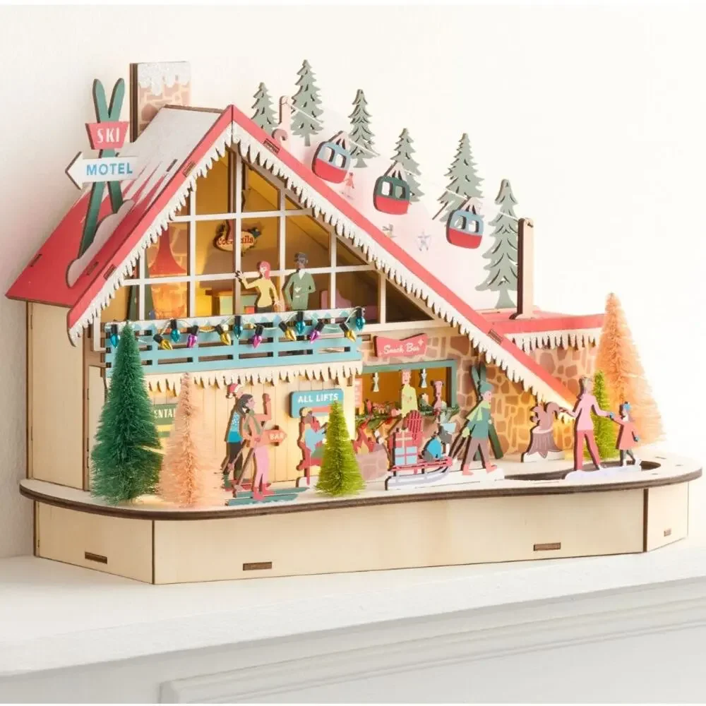 Mid-Century Modern Ski Lodge Large Light Up LED Christmas Decor Laser Wood NEW